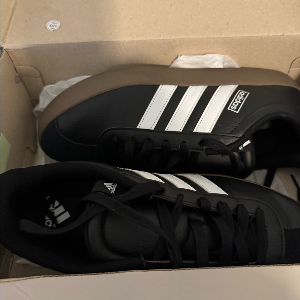 Adidas Men's Black Sneakers with White Stripes and Tan Sole